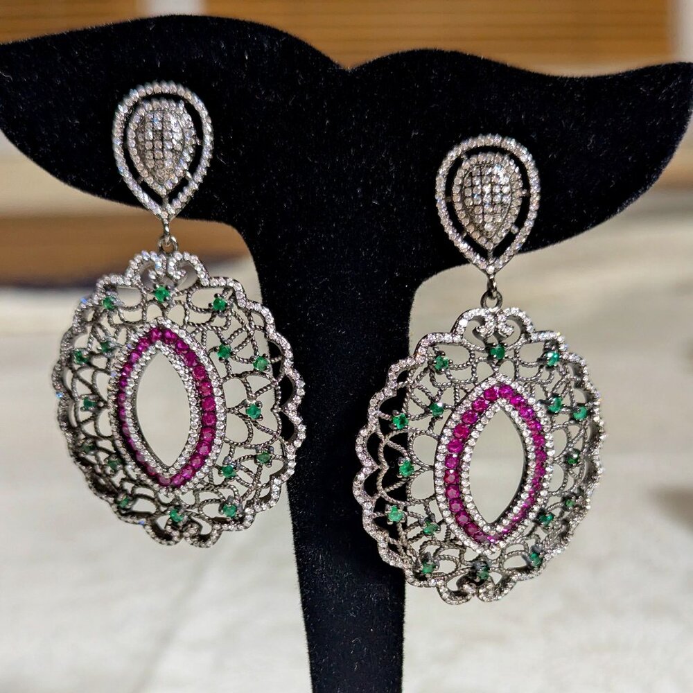 Earrings Lab Ruby with Green Stone highlights, set in Sterling Silver!
